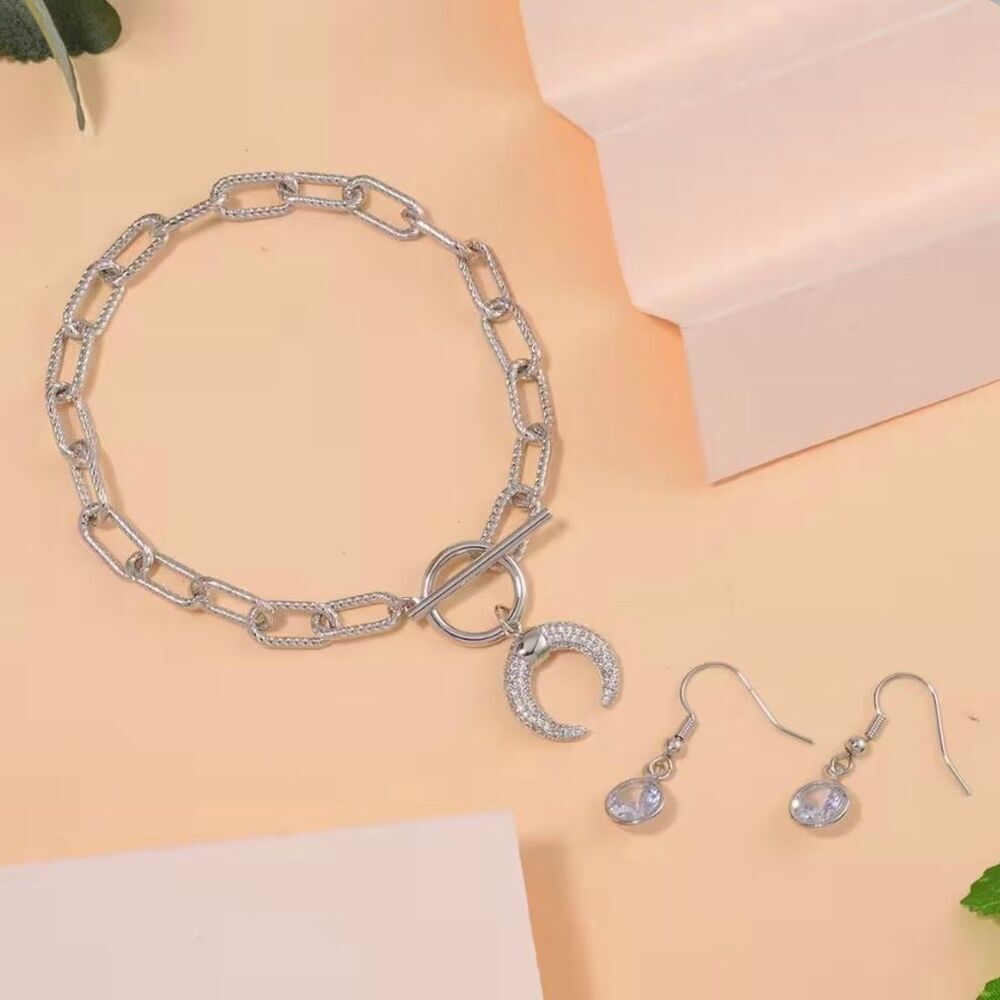 Simulated Diamond Austrian Crystal Crescent Moon Paperclip Bracelet and Earrings